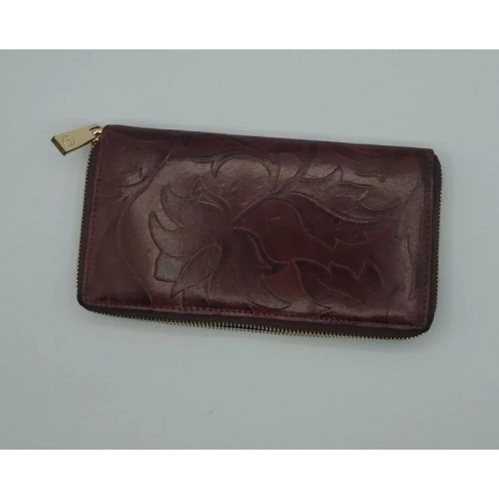 Valentina Genuine Embossed Floral Pattern Design Dark Red Leather Wallet Italy